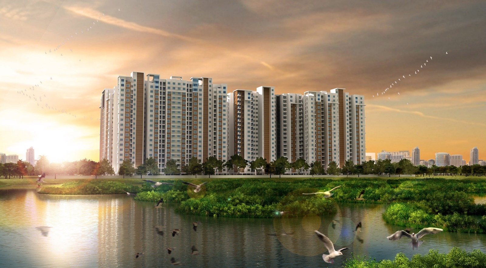 A futuristic cityscape with smart buildings solar panels and data visualizations representing the future of facility management.